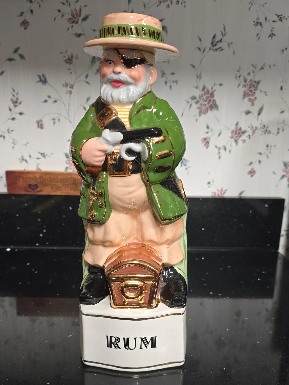 Very Vintage. Ceramic Green and Beige Pirate Rum Decanter Figurine